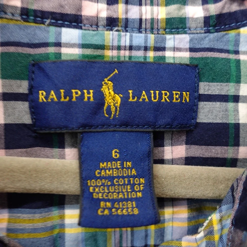 Oxford Button Down‎ Shirt Boys 6 Green Blue Tartan Plaid RALPH LAUREN Pony RL